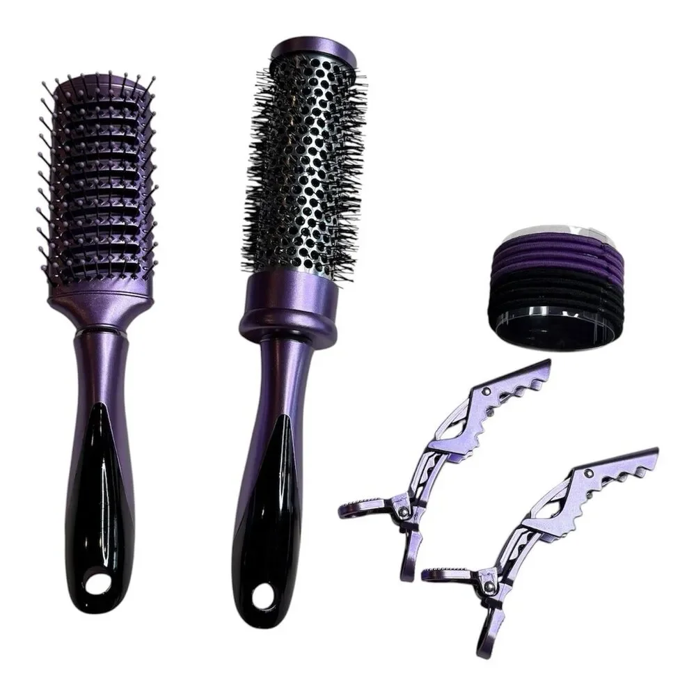 Purple Hairbrush Set Round blow Out Brush and Clips and Hair Ties Ponytalis New